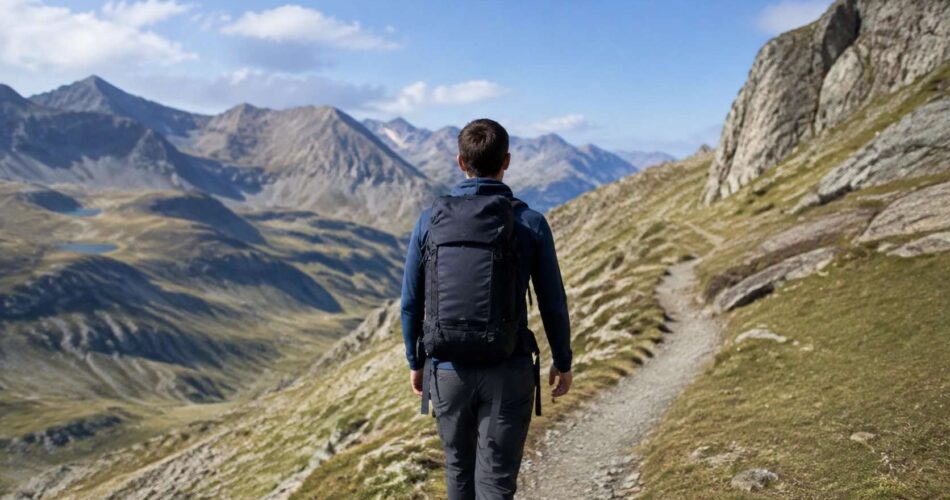 Excursionista con mochila compacta caminando por una senda de montaña