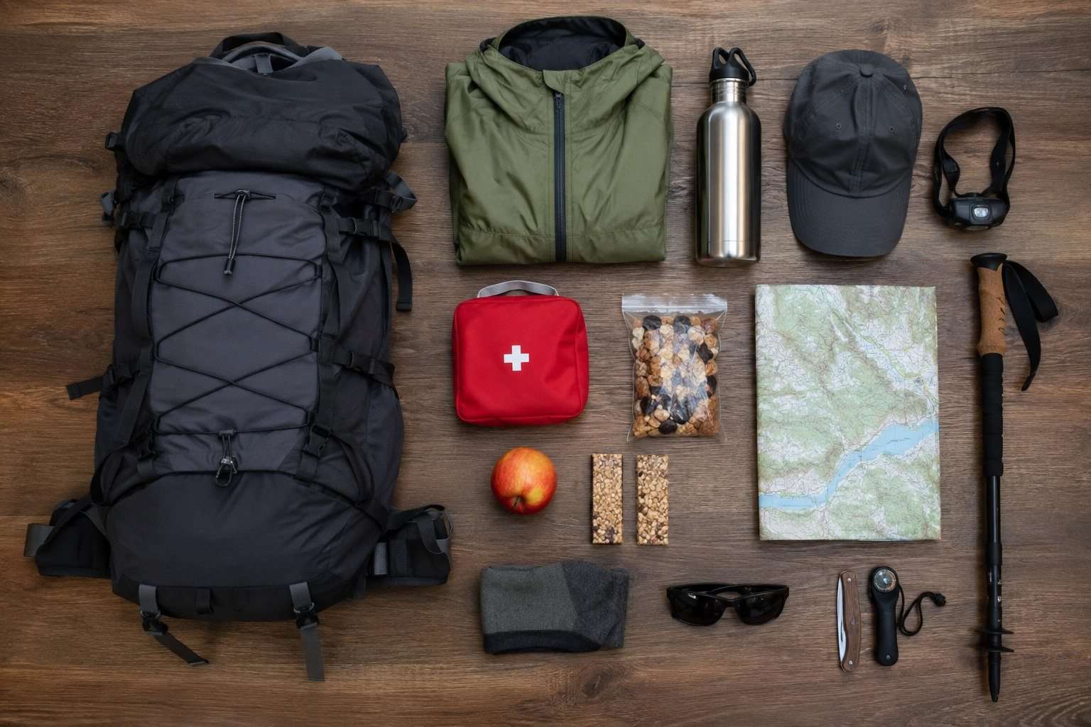 Material para una ruta de un día organizado junto a una mochila